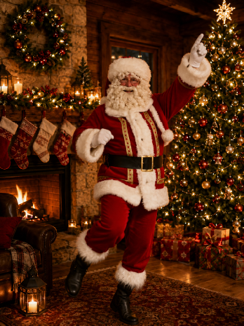 Dancing Singing Santa in a festive Christmas room